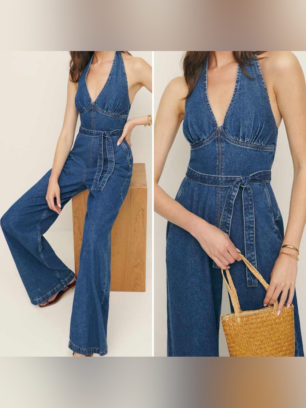 Reformation Elena Wide Leg Denim Halter Jumpsuit Indigo Blue M L